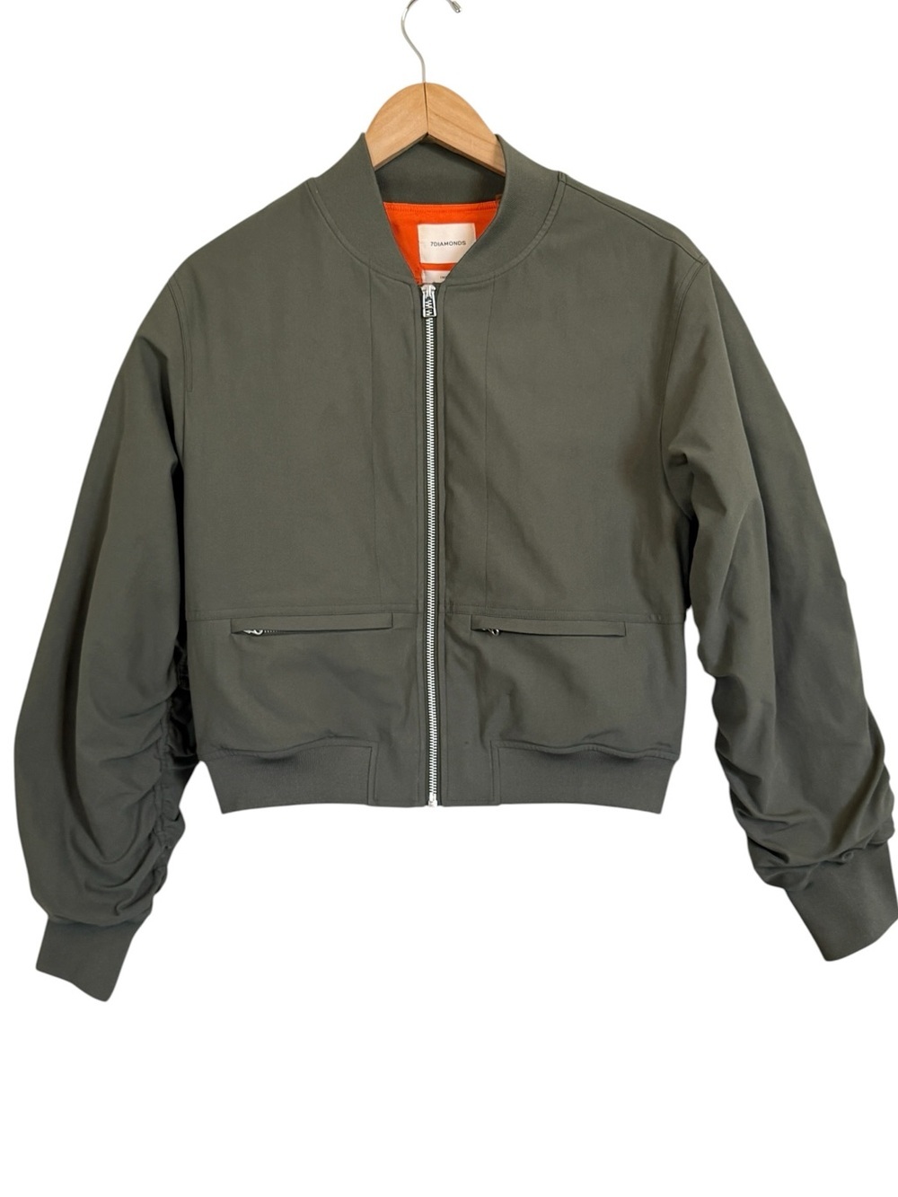 7 Diamonds Infinity Bomber Jacket Olive Green Ruched Sleeve Women’s Size Medium
